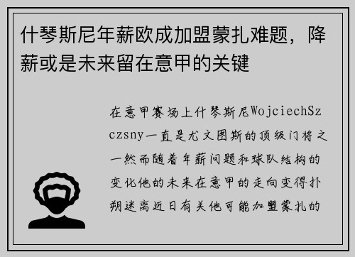 什琴斯尼年薪欧成加盟蒙扎难题，降薪或是未来留在意甲的关键